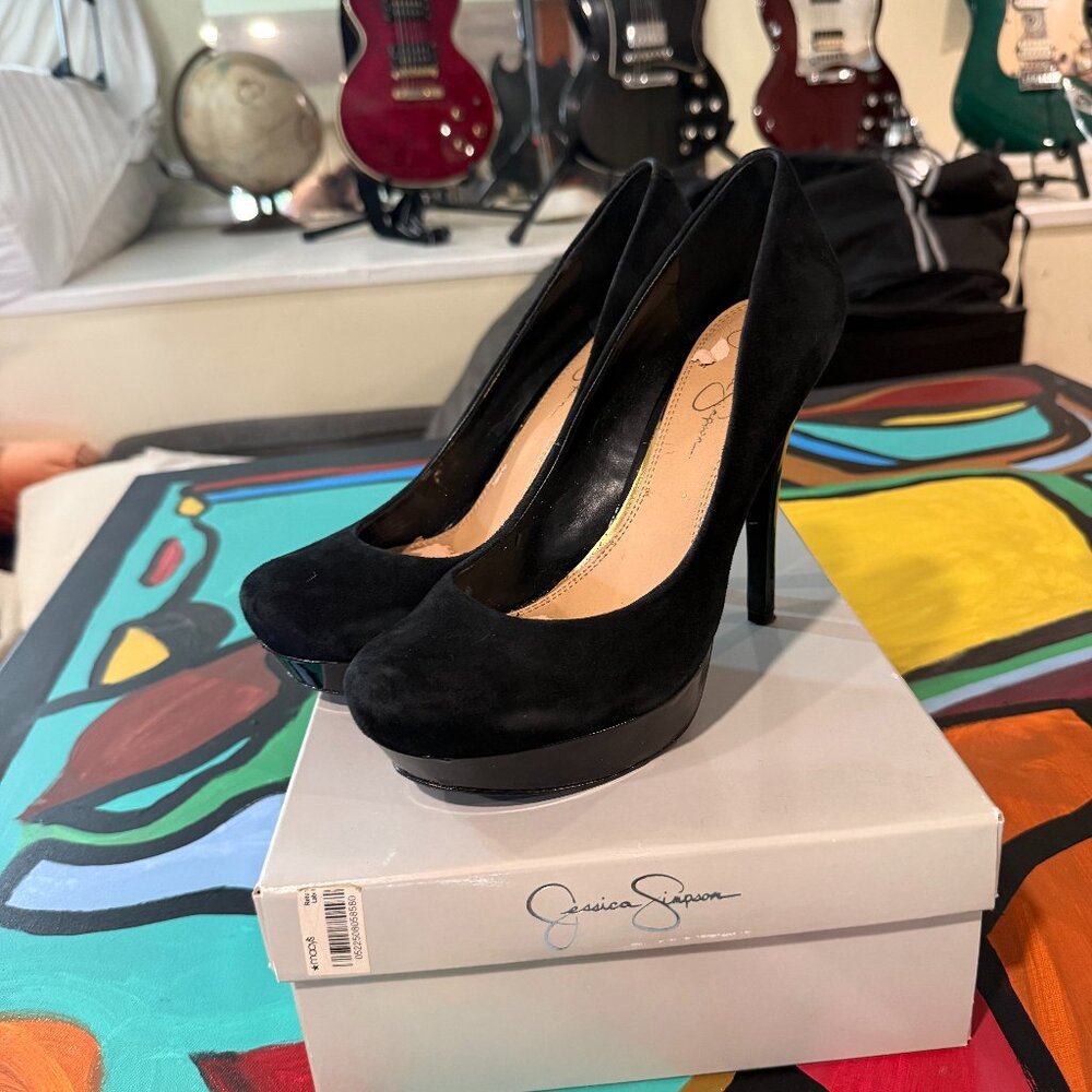 Jessica Simpson Black Suede Platform 5" Heels Size 9B Y2K Baddie Diva Whimsigoth